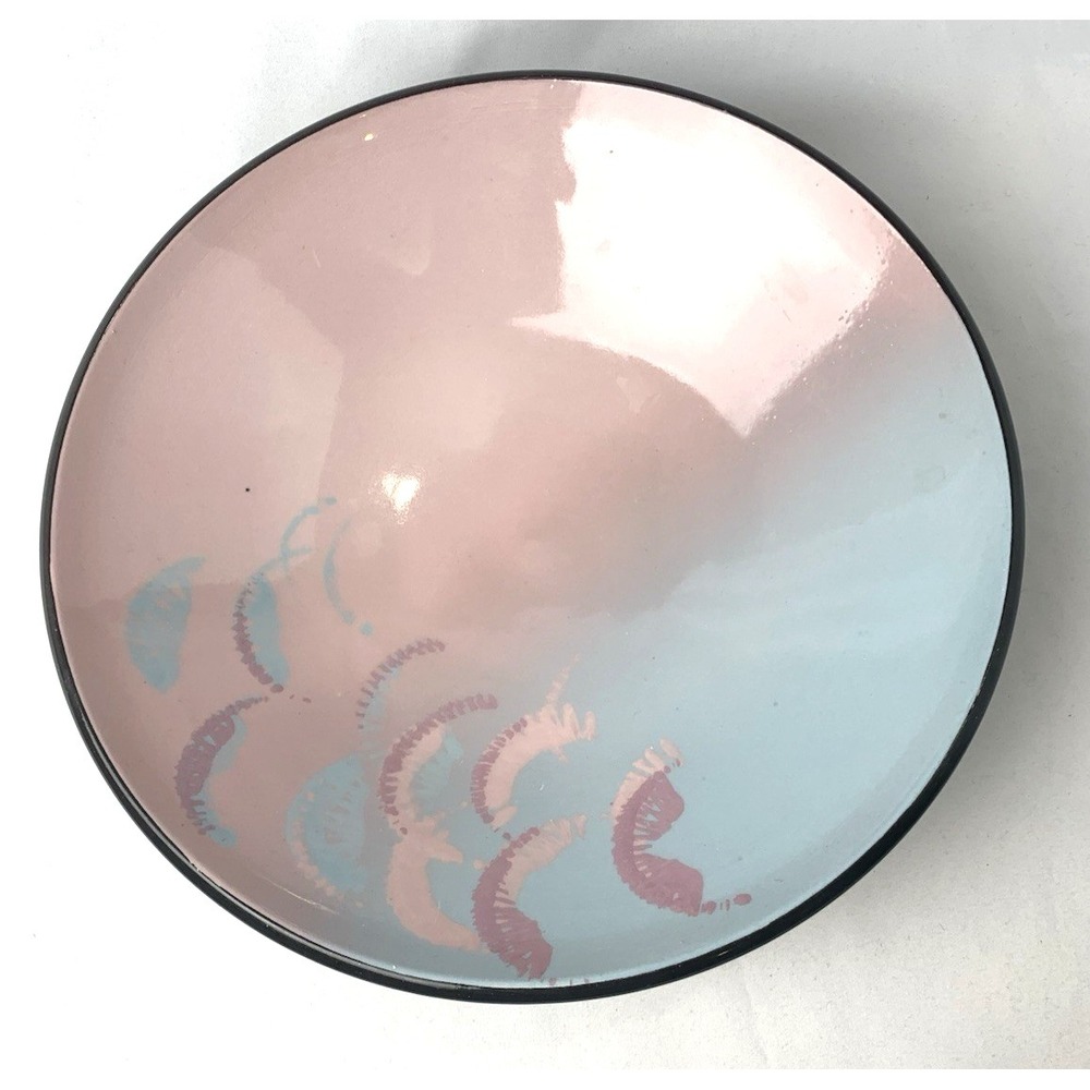 Asian Style Pottery Pedestal Bowl Vintage Centerpiece Pink Blue Japanese